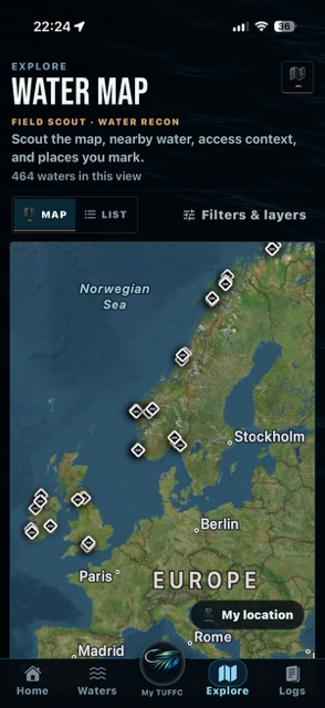 TUFFC worldwide Water Map showing fishing destinations across Europe