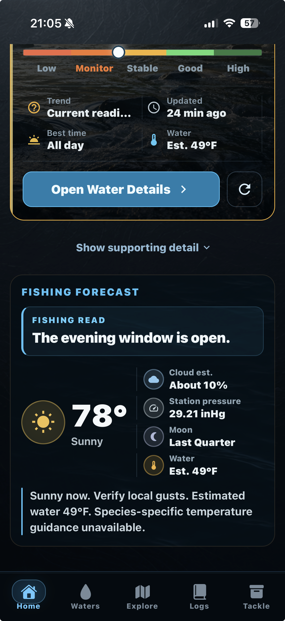 TUFFC fishing forecast showing current conditions