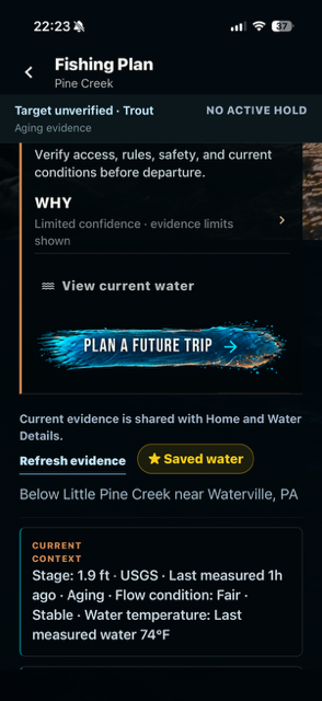 TUFFC Pine Creek Fishing Plan carrying current USGS stage, flow, and last-measured water temperature into planning