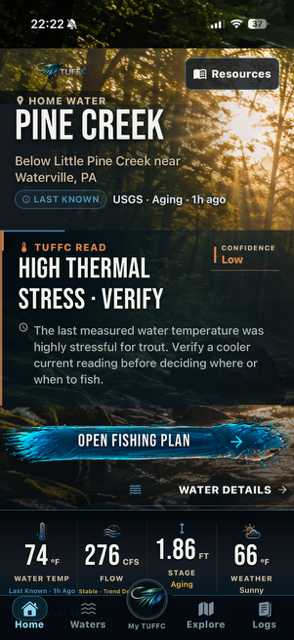 TUFFC Pine Creek home screen showing high thermal stress, low confidence, and an Open Fishing Plan action