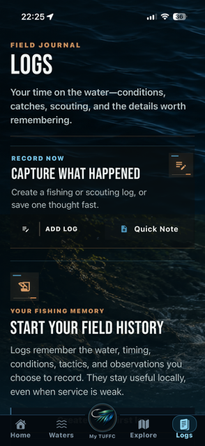 TUFFC Field Journal with Add Log and Quick Note