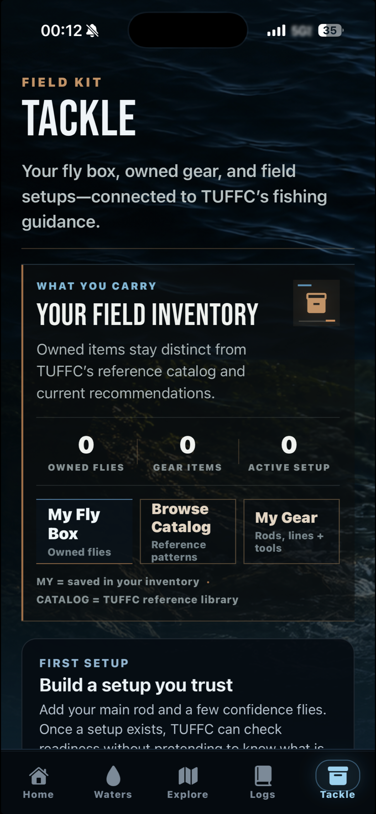 TUFFC Field Kit with fly box, gear, catalog, and setups