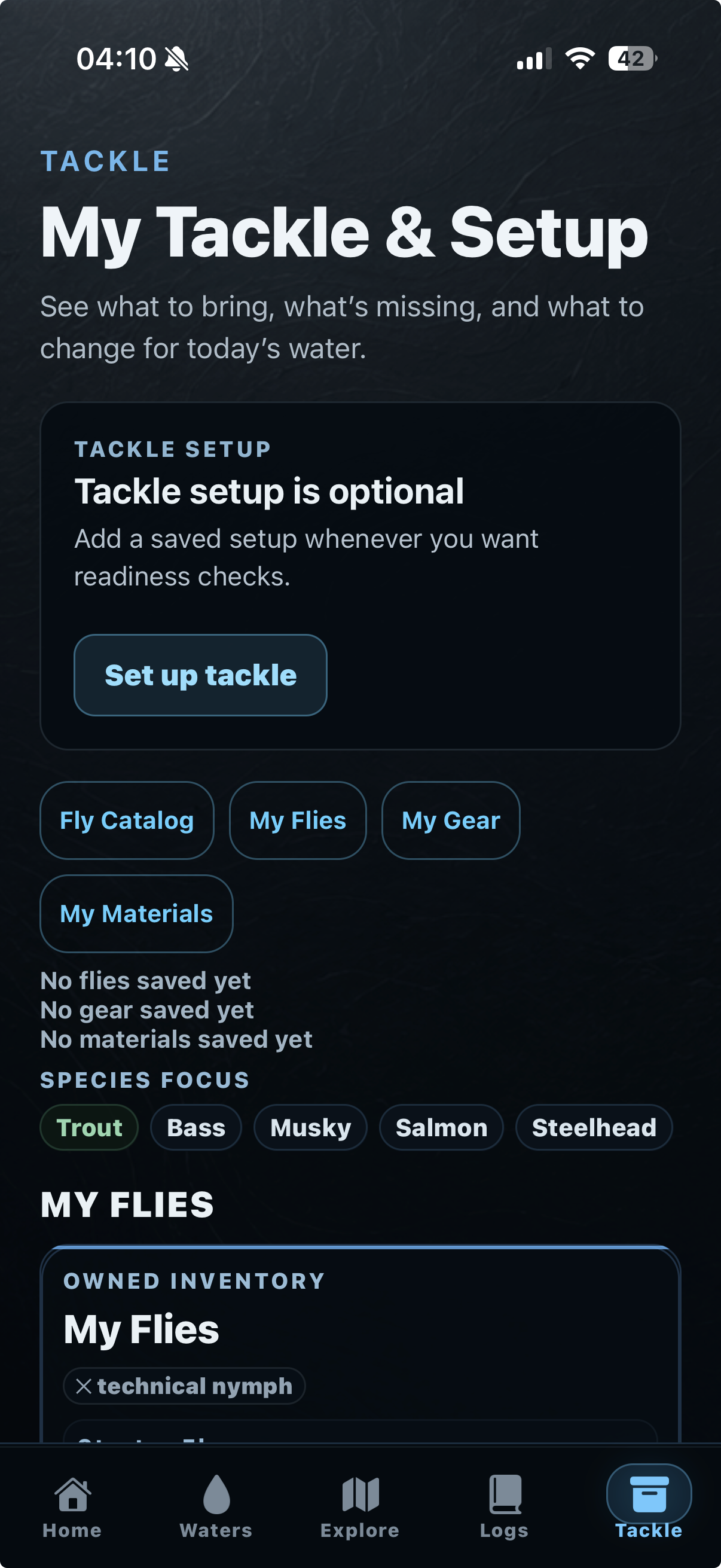 TUFFC My Tackle and Setup screen