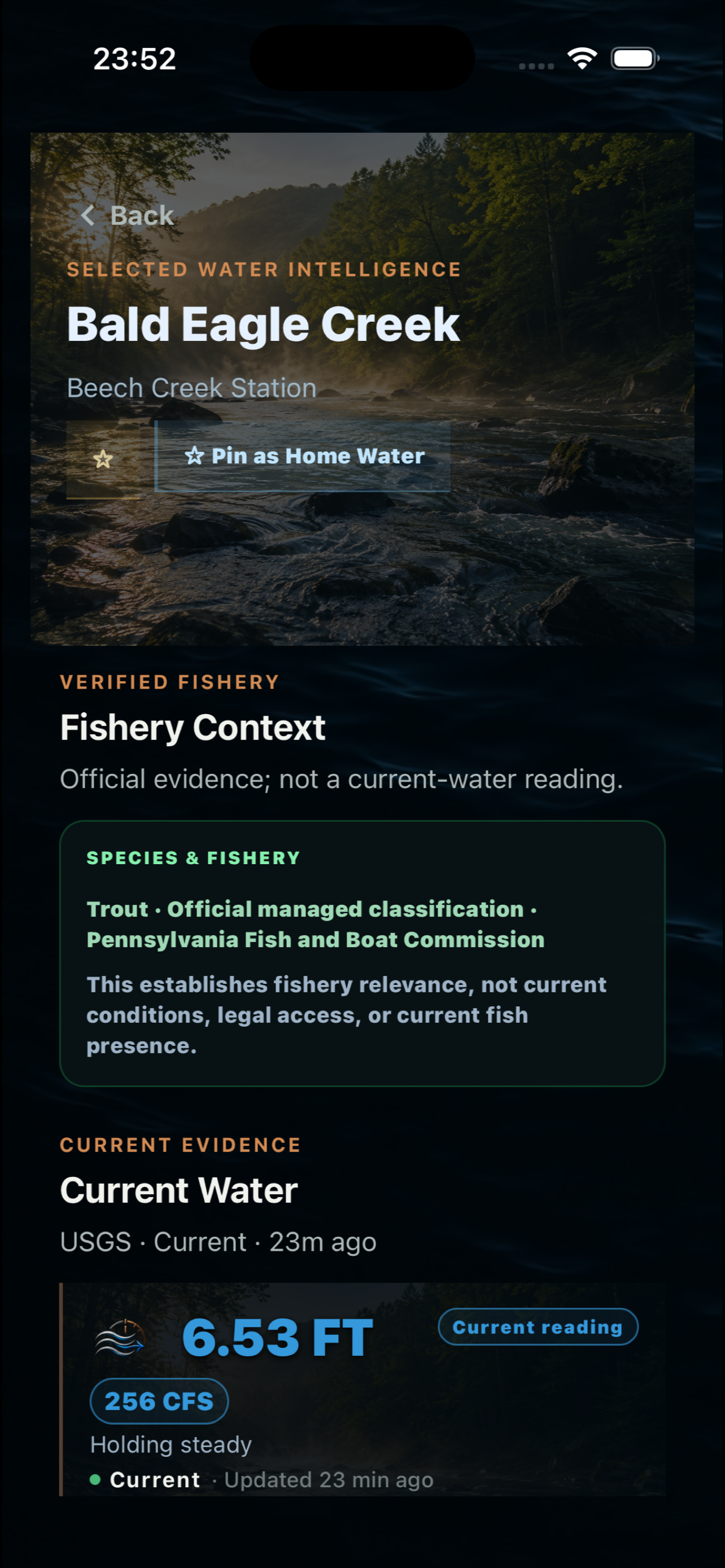 TUFFC selected-water intelligence separating verified fishery context from current USGS evidence