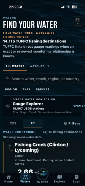 TUFFC Waters index showing fishing destinations and a separate Gauge Explorer entry