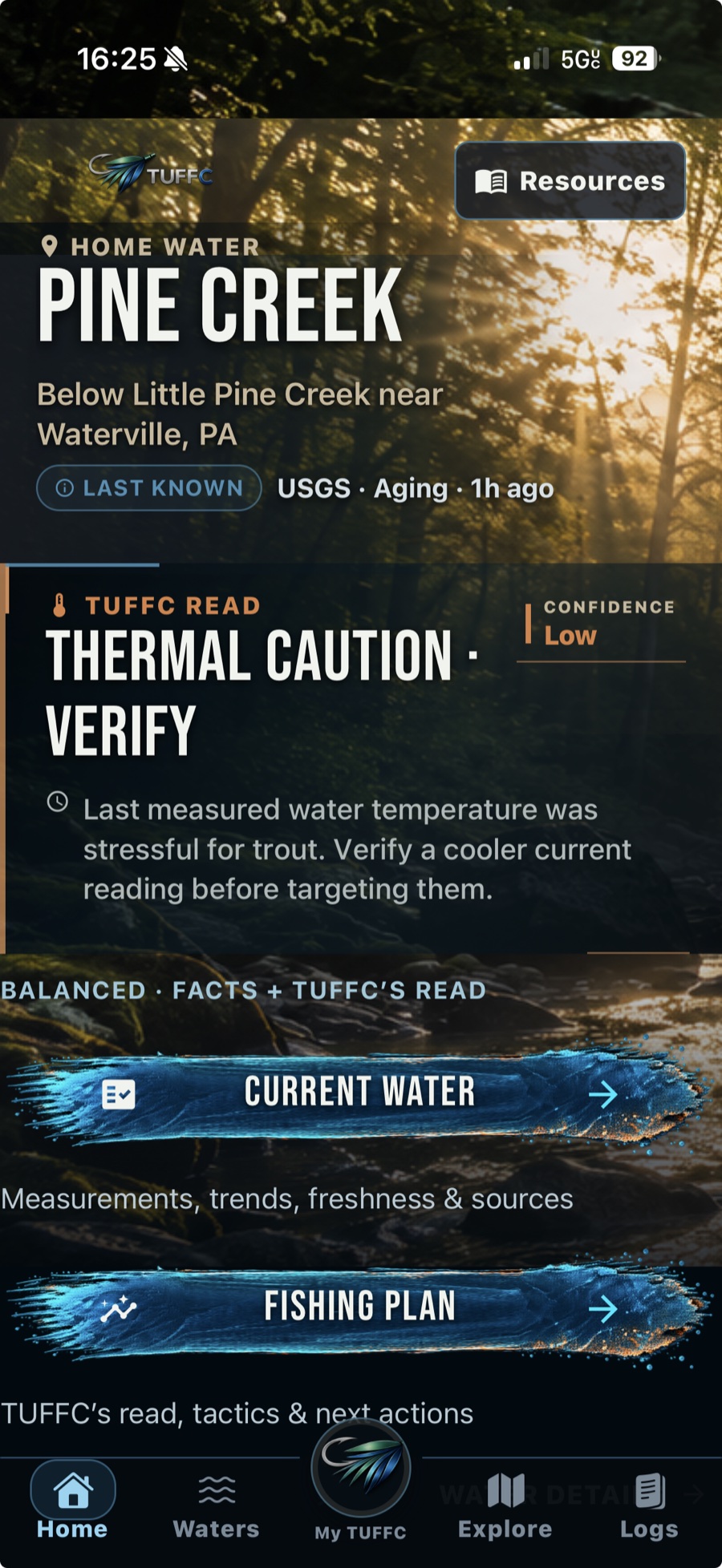 Real TUFFC Balanced home-water screen showing current evidence and TUFFC's read