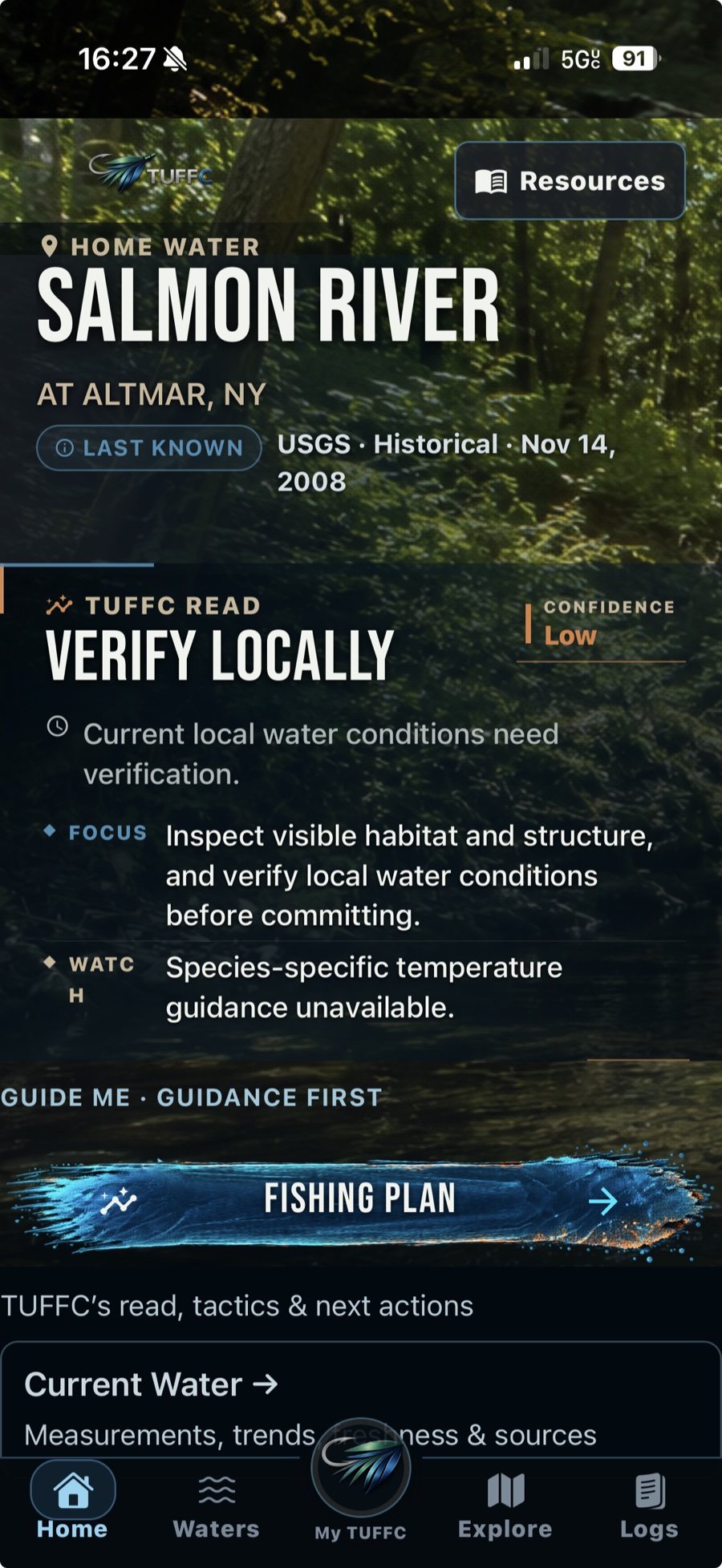 Real TUFFC Guide Me home-water screen with guidance-first fishing plan