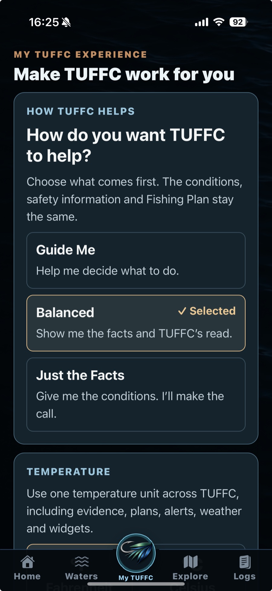 Real My TUFFC screen for choosing Guide Me, Balanced, or Just the Facts